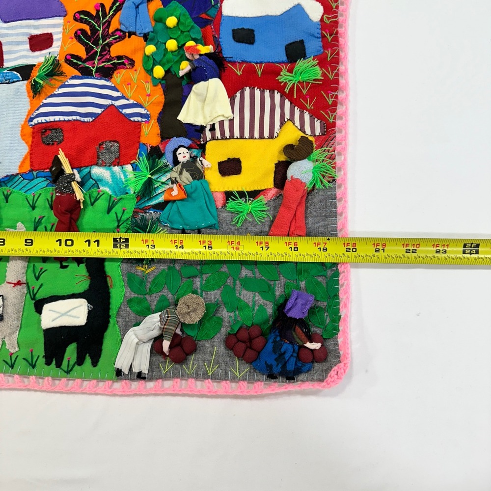 Vintage Peruvian Arpillera Cosecha Wall Hanging 20x20 Multicolor 3D Folk Art - Picture 11 of 11